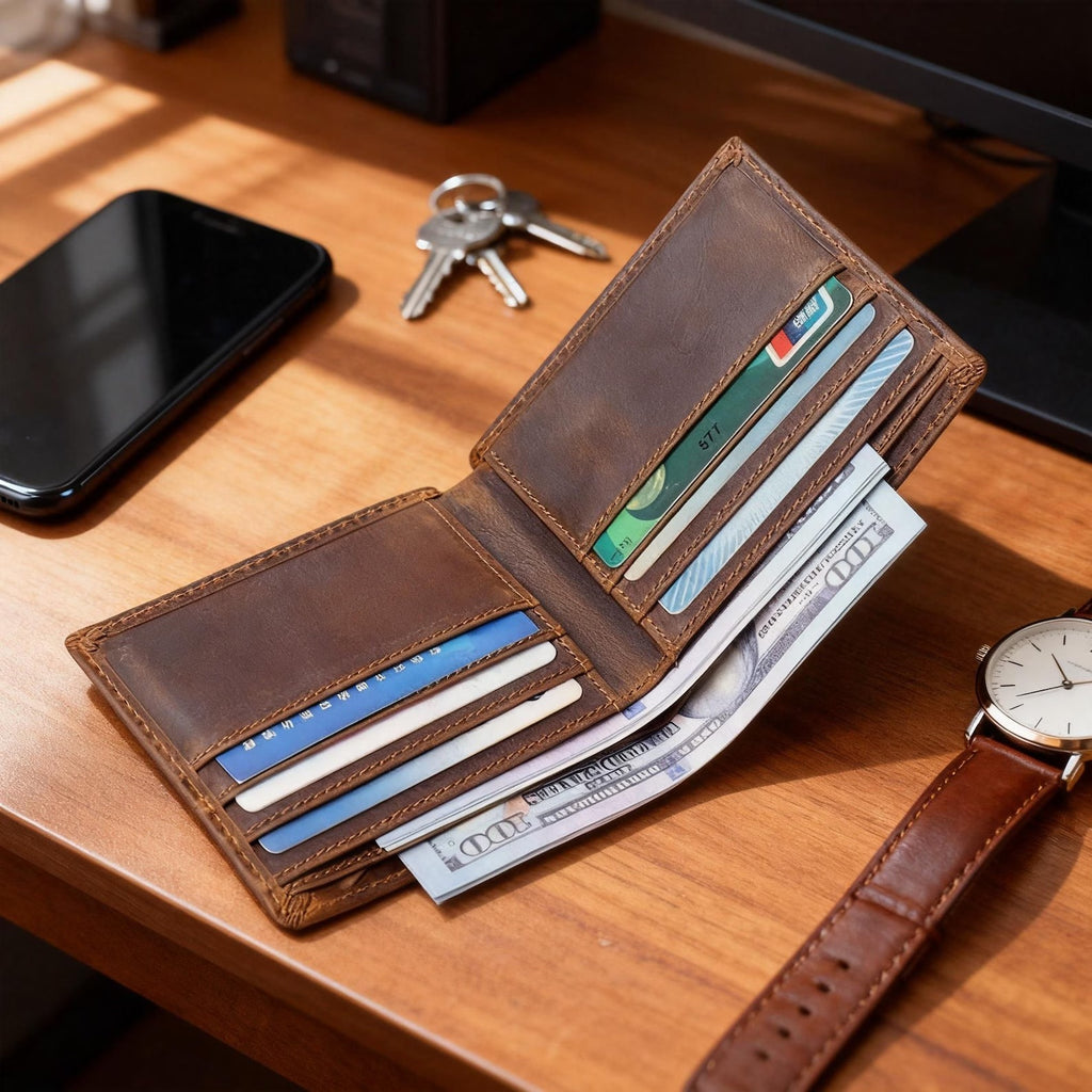 Crazy Horse Leather Bifold Wallet, Vintage Slim Card Holder, Minimalist Men's Wallet