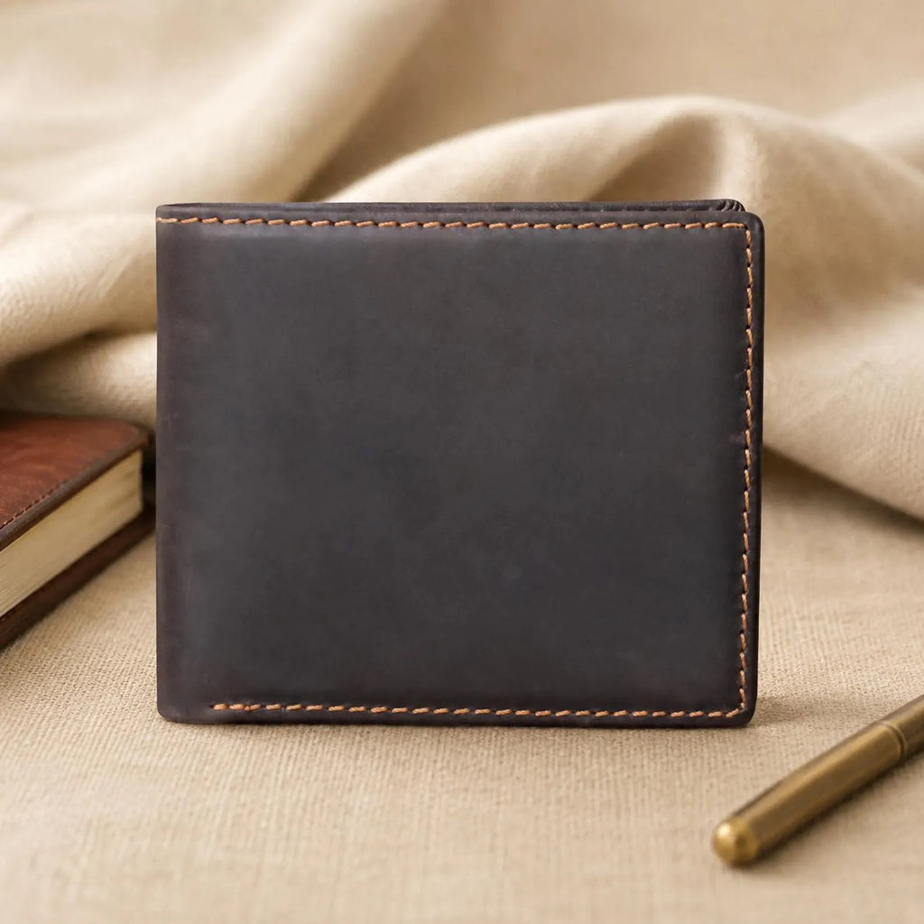 Slim Full Grain Leather Bifold Wallet, Crazy Horse Handmade Business Card Holder