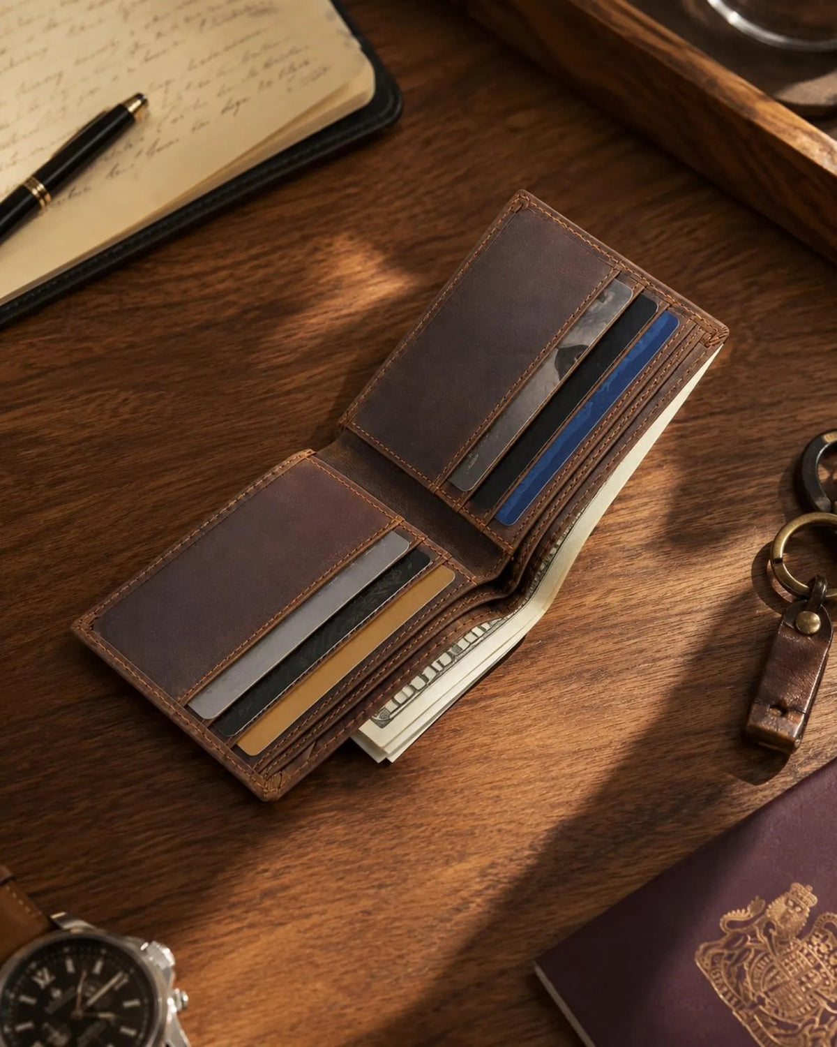 Slim Full Grain Leather Bifold Wallet, Crazy Horse Handmade Business Card Holder