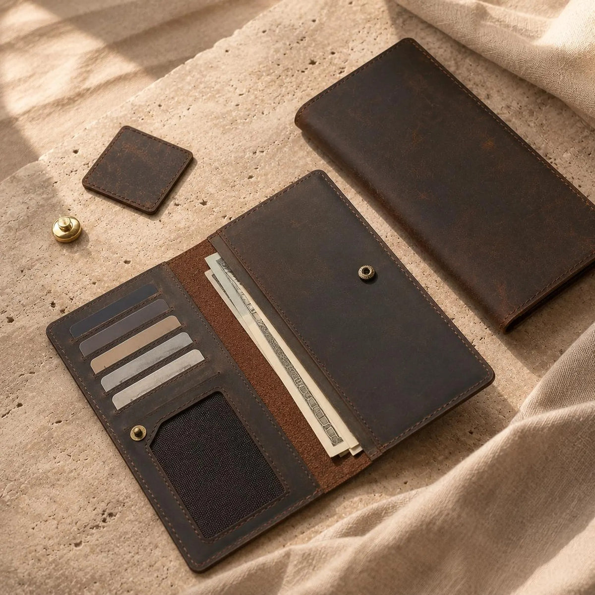 Handmade Crazy Horse Leather Long Wallet, Vintage Slim Bifold Card Holder