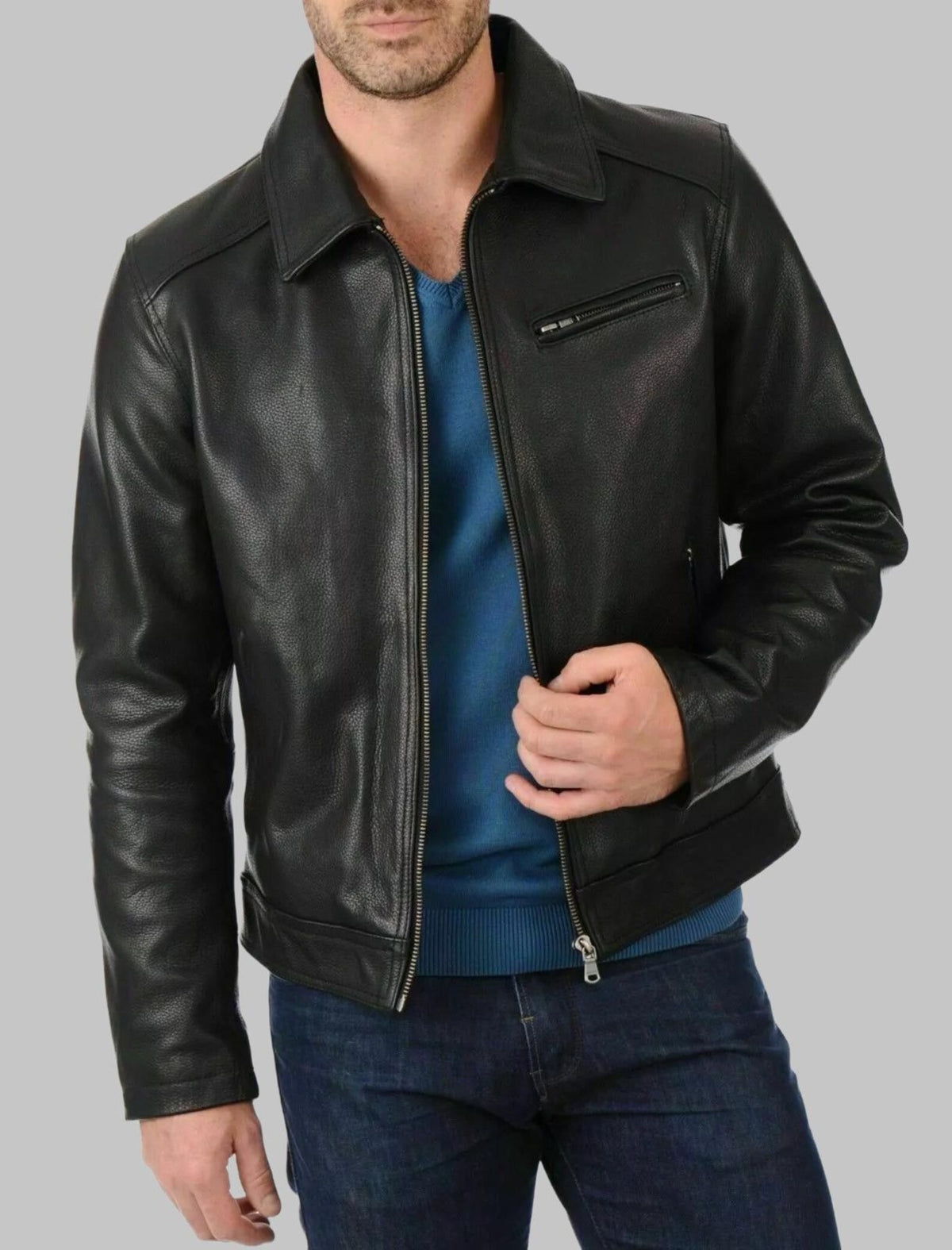 Men's Classic Cafe Racer Style Leather Jacket - Black Lambskin Motorcycle Jacket