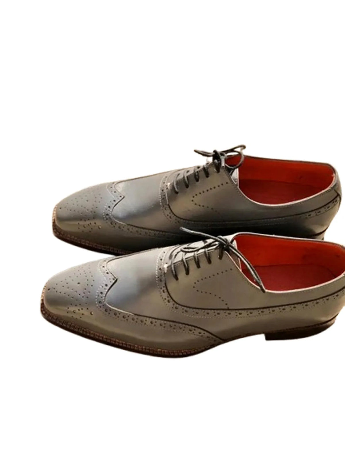 Mens Handmade Shoes Leather Oxford Brogue grey Wingtip Lace Up Formal Shoes