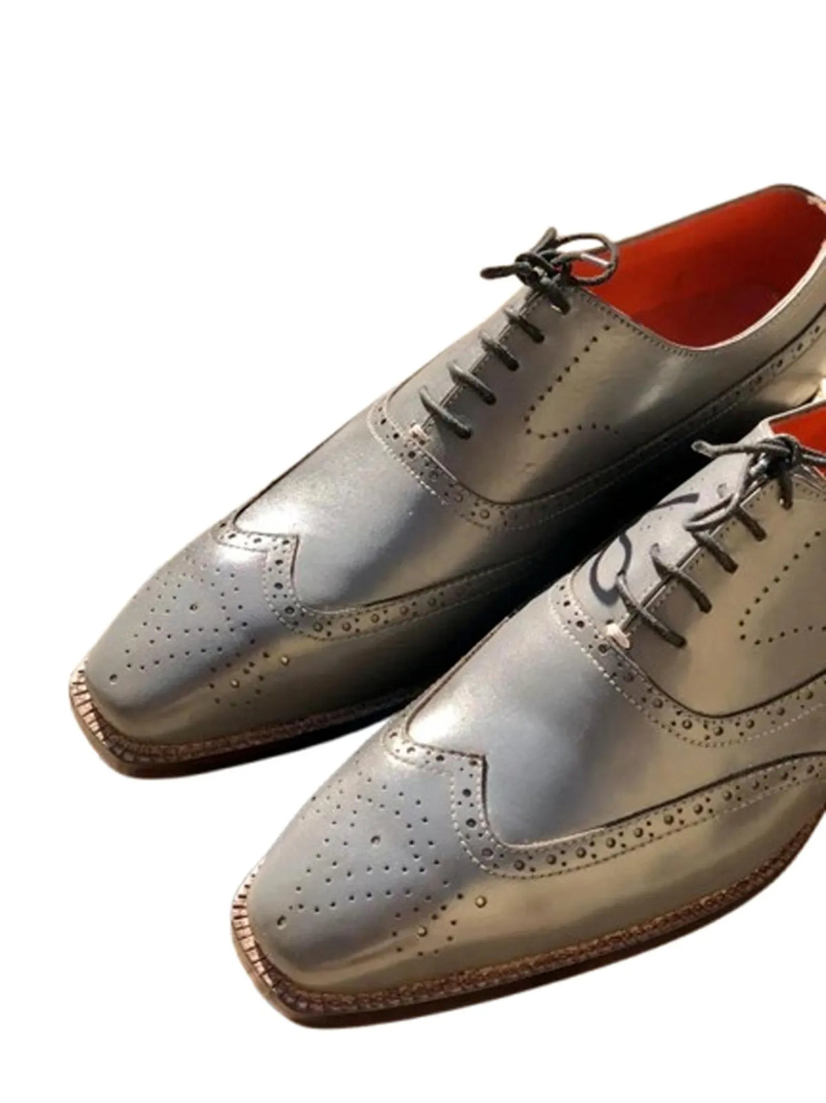 Mens Handmade Shoes Leather Oxford Brogue grey Wingtip Lace Up Formal Shoes