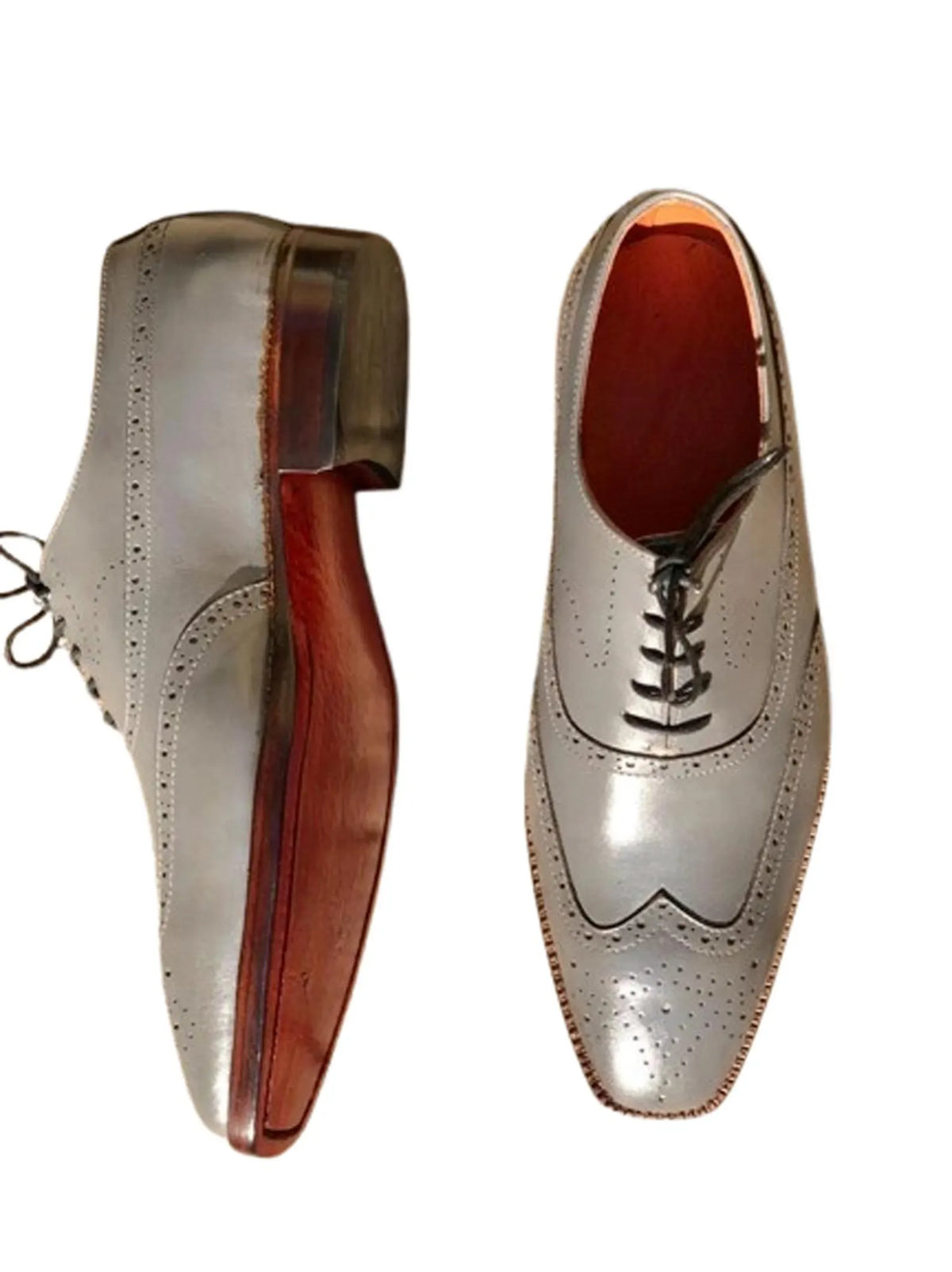 Mens Handmade Shoes Leather Oxford Brogue grey Wingtip Lace Up Formal Shoes