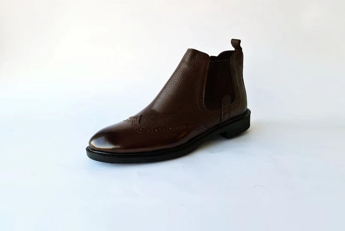 Handmade Brown Leather Chelsea Wingtip Boots: Men's Ankle Boots