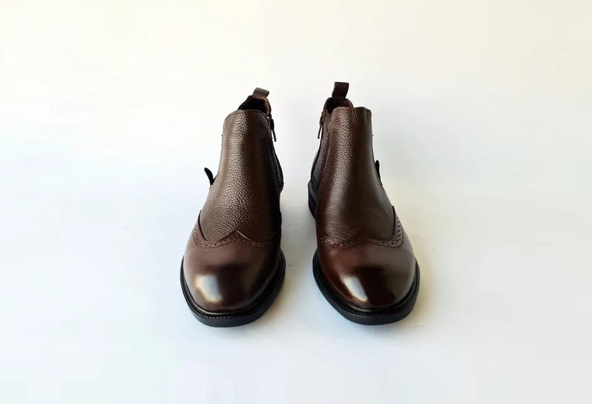 Handmade Brown Leather Chelsea Wingtip Boots: Men's Ankle Boots